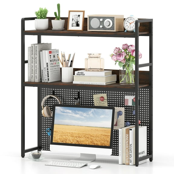 Gymax 2-Tier Countertop Desktop Bookshelf w/ Metal Pegboard 2 Anti-tipping Devices