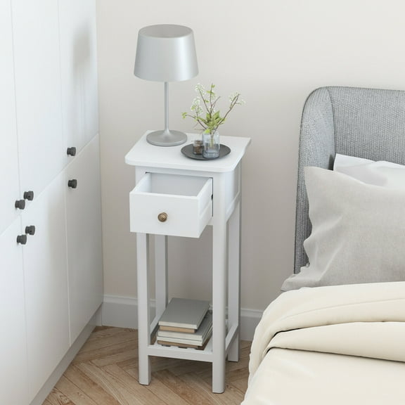 Gymax 2 Tier End Table with Drawer, White