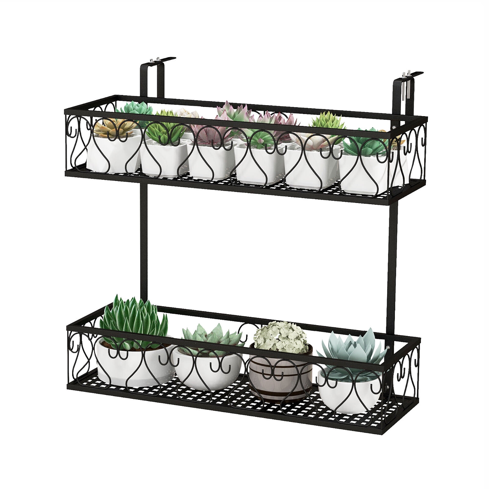 Gymax 2-Tier Flower Pot Holder Balcony Hanging Rack Railing Shelf w ...