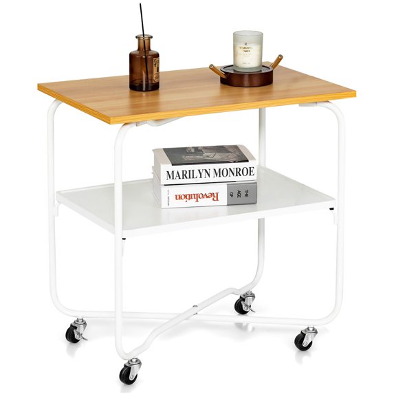 Gymax 2-Tier Folding Rolling Cart Kitchen Utility Cart Tool-Free Installing Natural