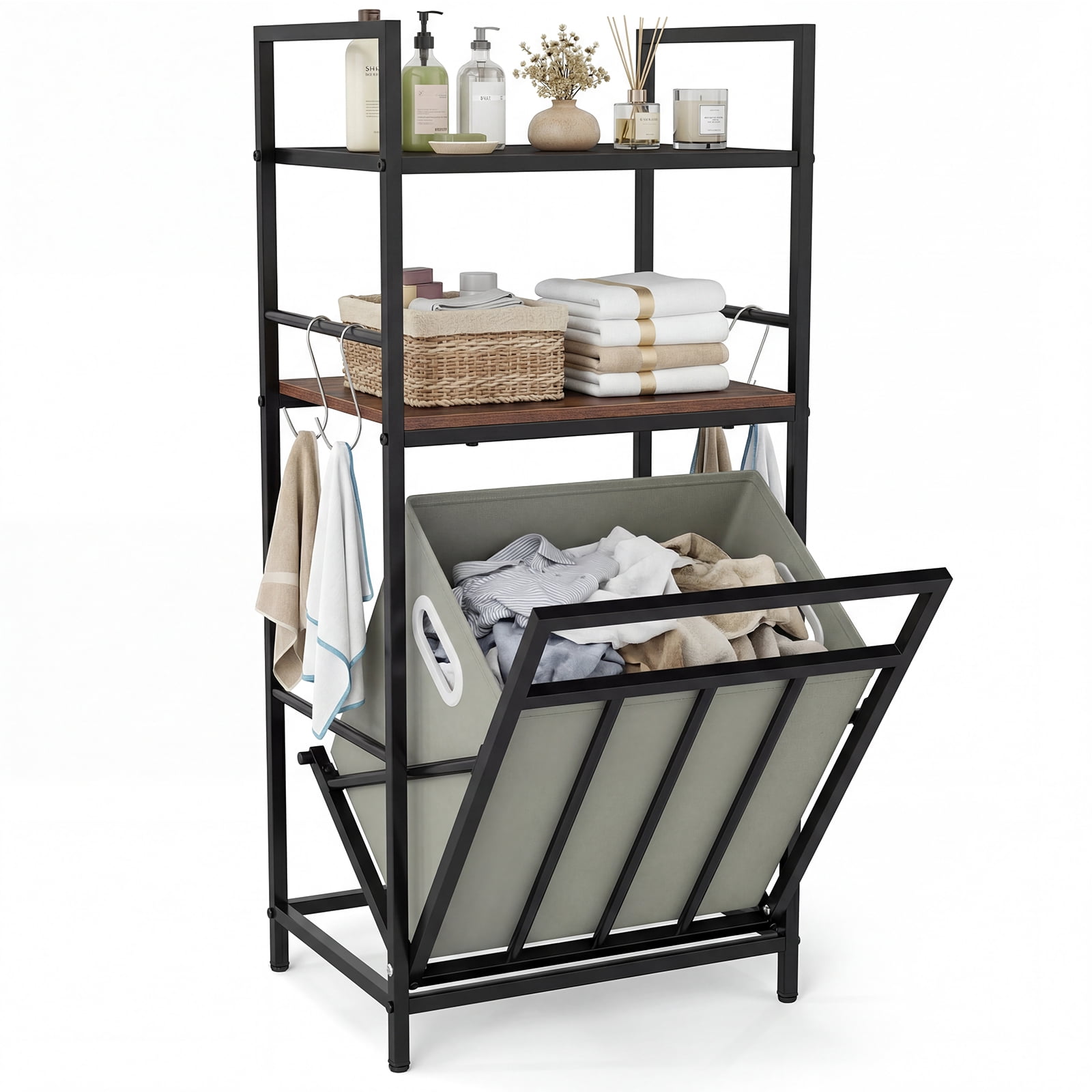 Gymax 2-Tier Laundry Hamper w/Tilt-out BasketLaundry Sorter w/4 Hooks & Removable Bag