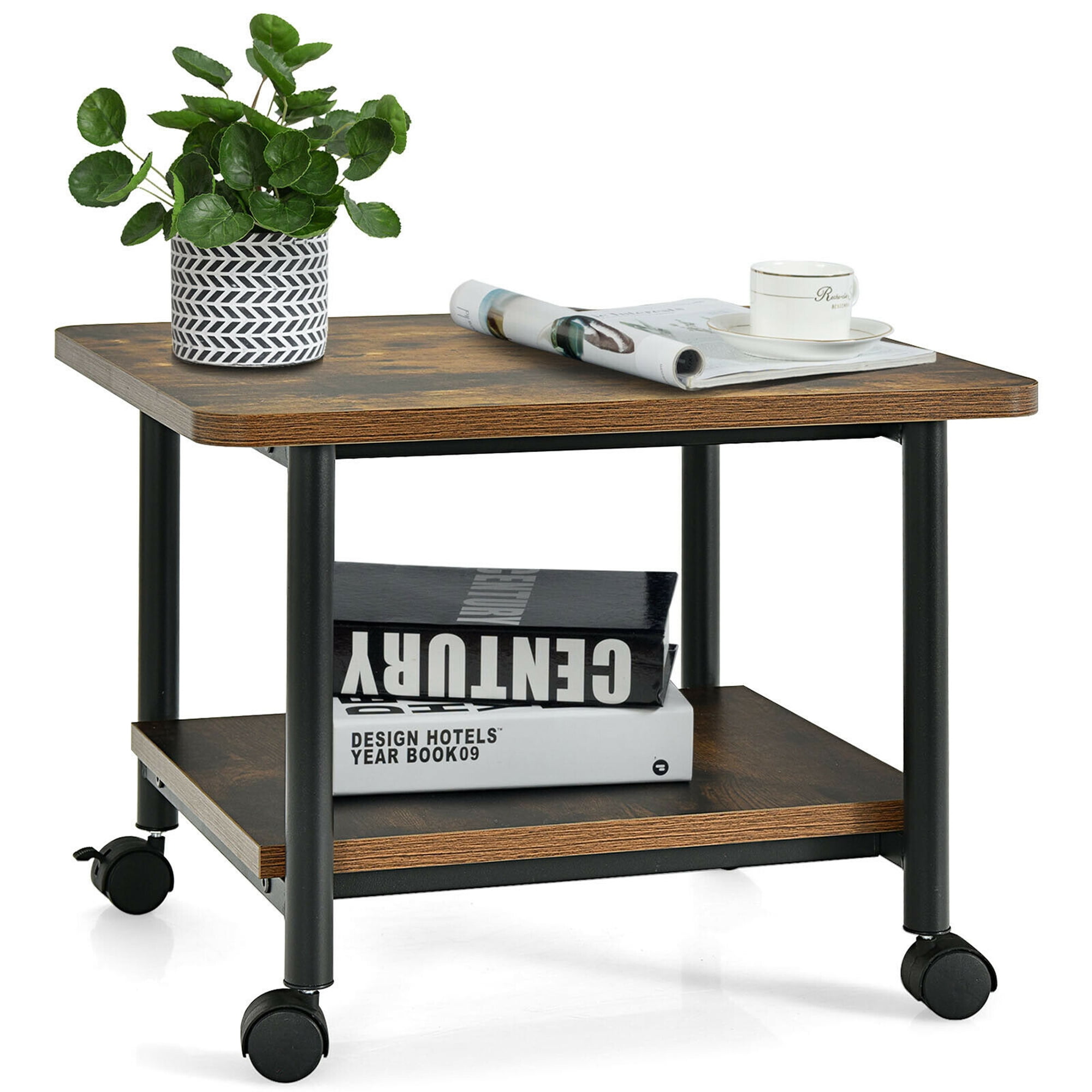Gymax 2-Tier Machine Stand Storage Rack Rolling Under Desk Printer Cart, Brown