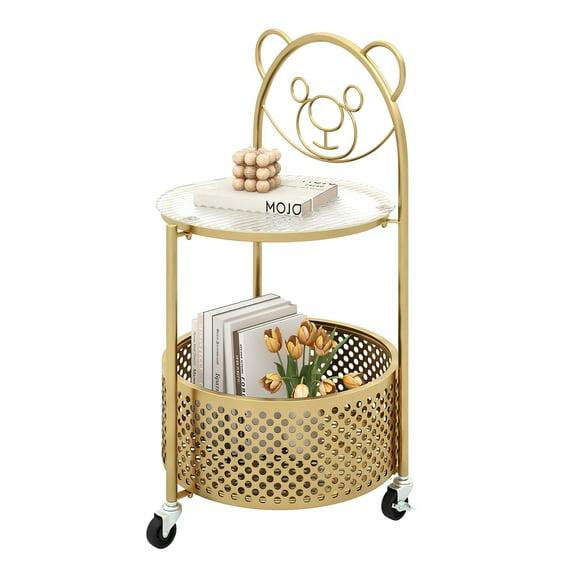 Gymax 2-Tier Mobile Glass Coffee Table w/ Bear Pattern Storage Basket Transparent & Golden