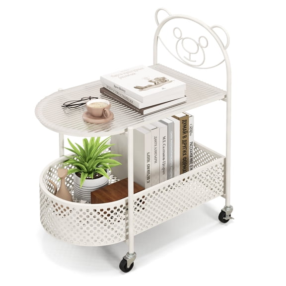 Gymax 2-Tier Mobile Glass Coffee Table w/ Bear Pattern Storage Basket Transparent & White