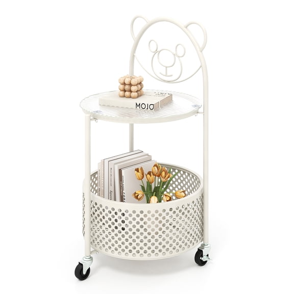 Gymax 2-Tier Mobile Glass Coffee Table w/ Bear Pattern Storage Basket Transparent & White