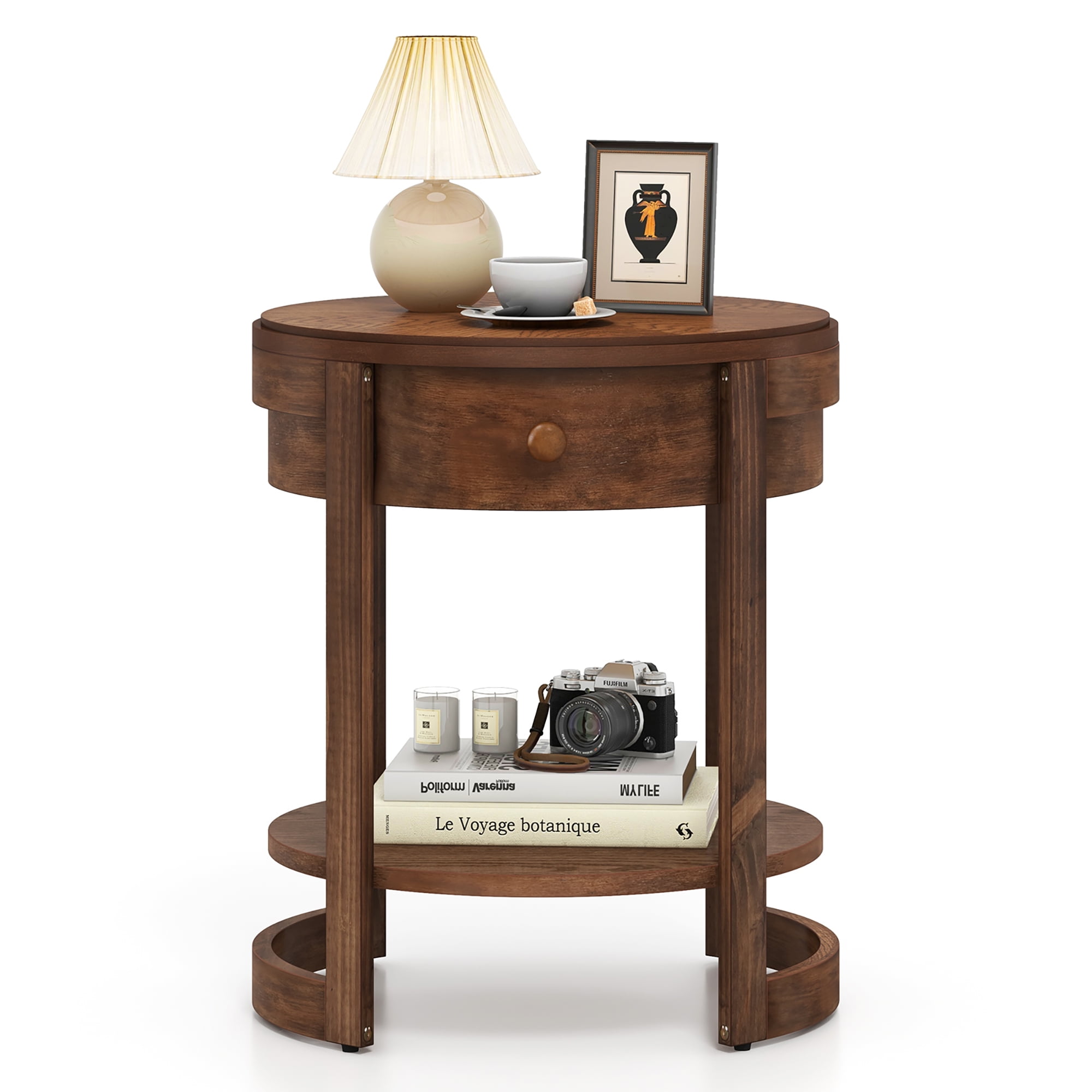 Gymax 2-Tier Nightstand w/ Shelf & Wood Grains Drawer Round End