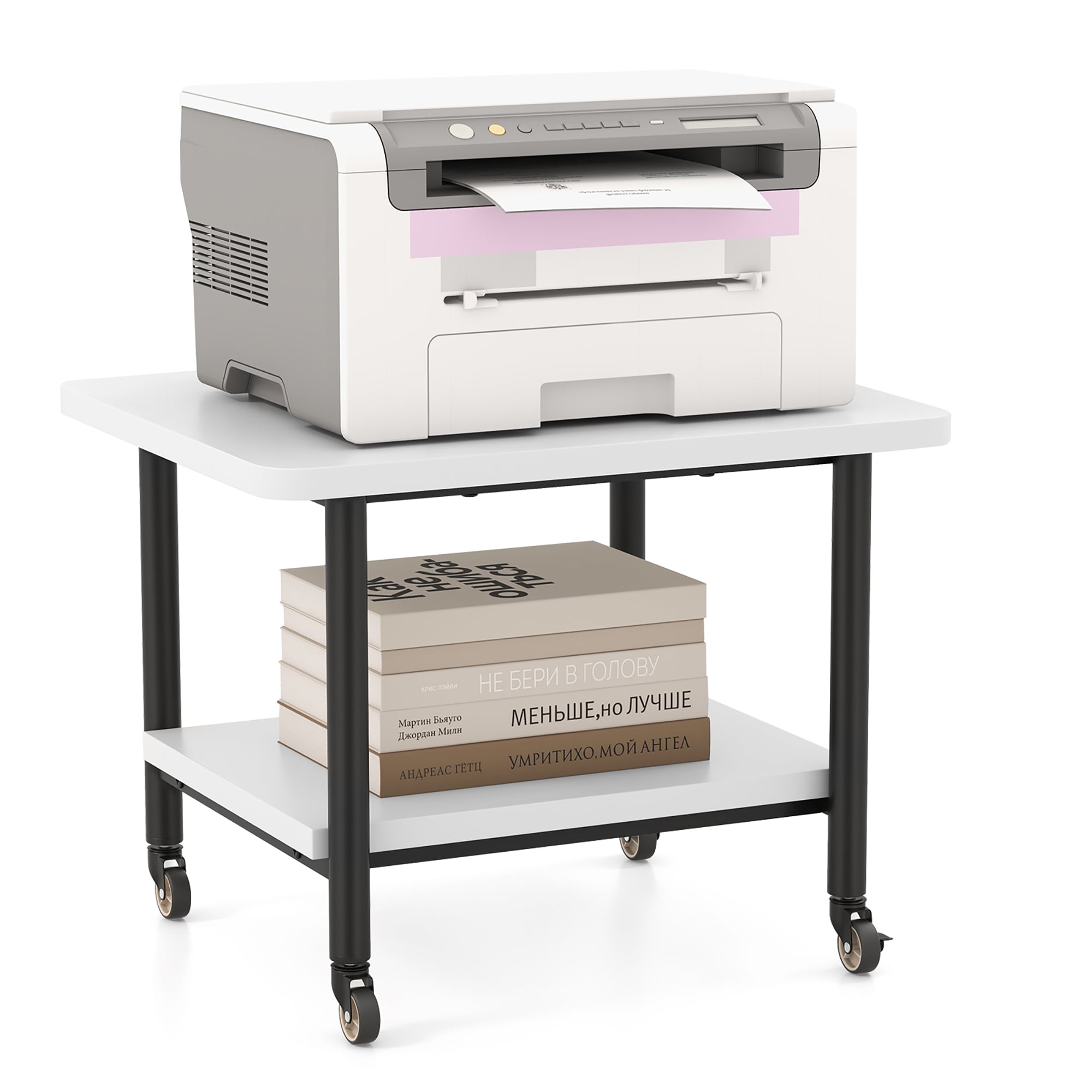 White 2-Tier Rolling Under Desk Printer Cart with Storage Shelves