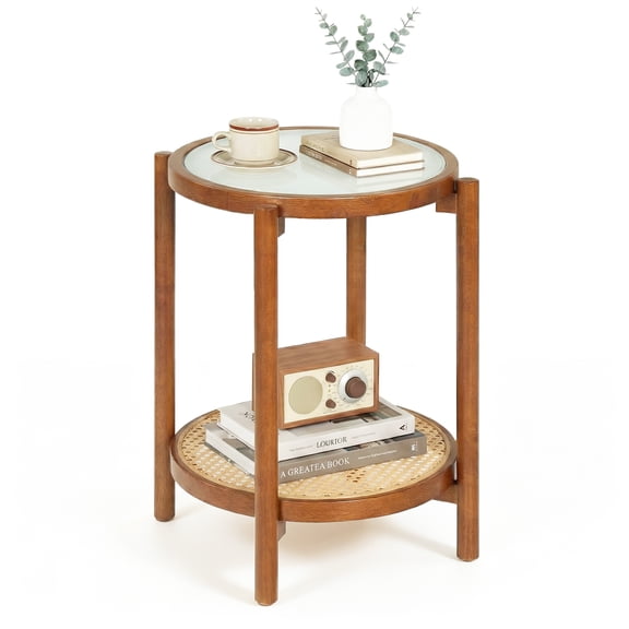 Gymax 2-Tier Round Side Table w/Tempered Glass Top Storage Shelf Acacia Wood Legs Walnut