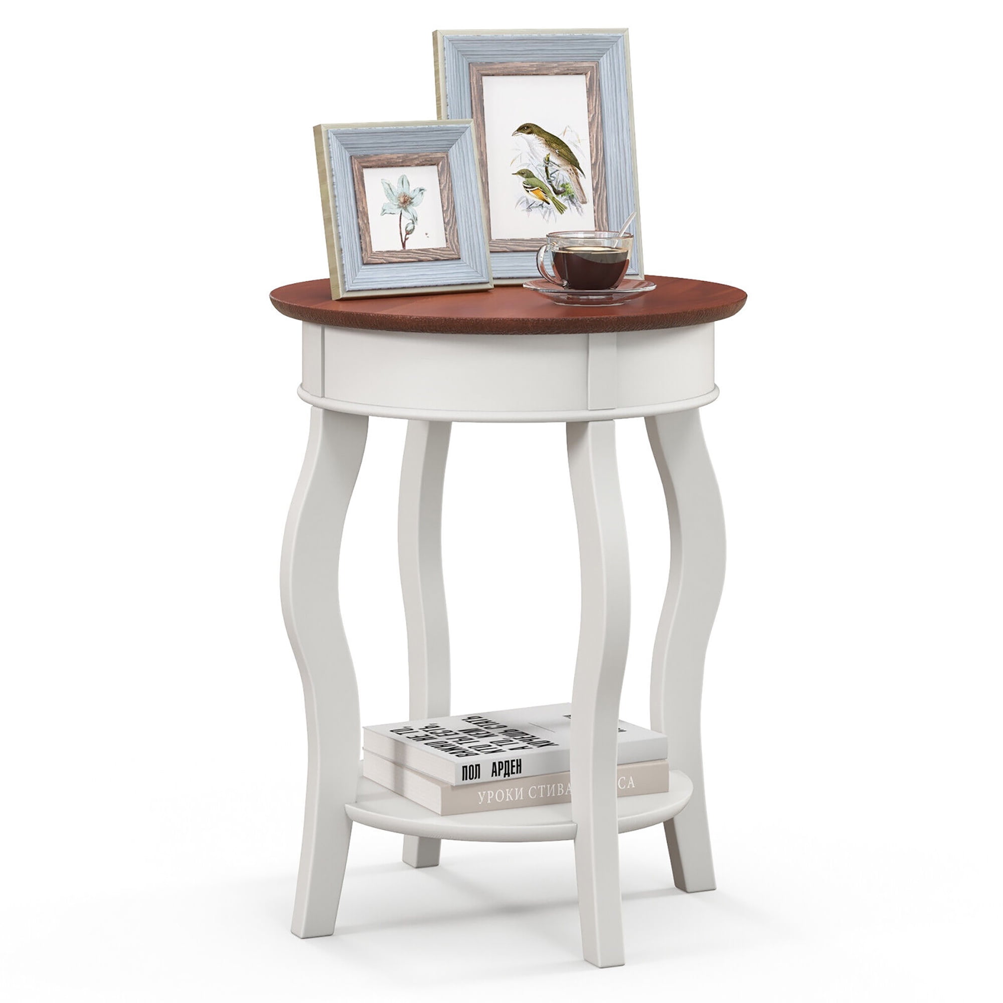 White and Walnut Round 2-Tier Side Table with Rubber Wood Legs