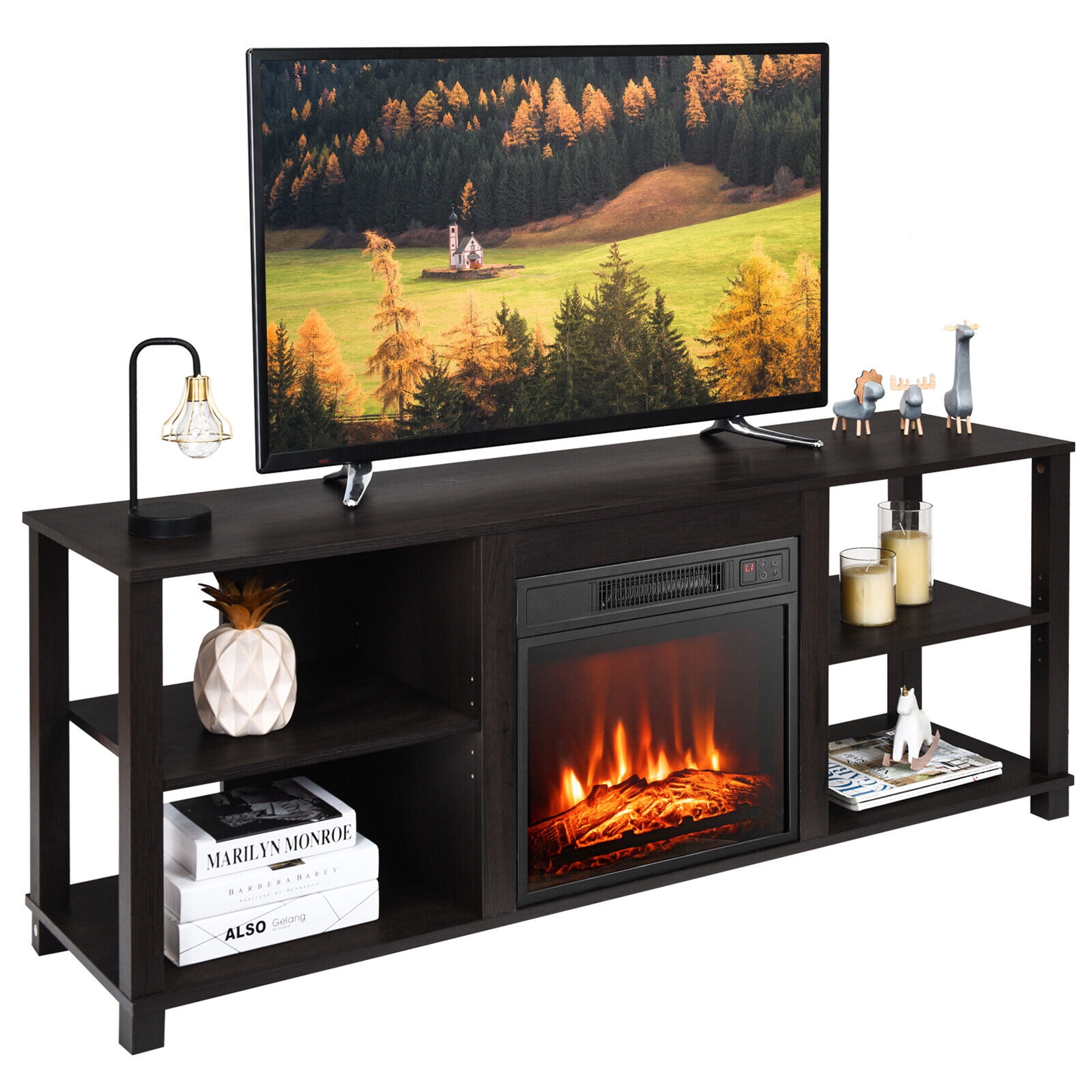 Gymax 2-Tier TV Stand u0026Electric Fireplace Heater Storage Cabinet Console  For 65 TV - Walmart.com