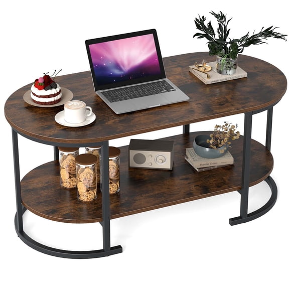 Gymax 2-Tier Wooden Accent Table w/Spacious Tabletop Open Storage Shelf for Room Rustic Brown