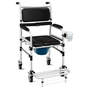 Gymax 2-in-1 Aluminum Commode/Shower Wheelchair w/ Locking Casters Adjustable Height