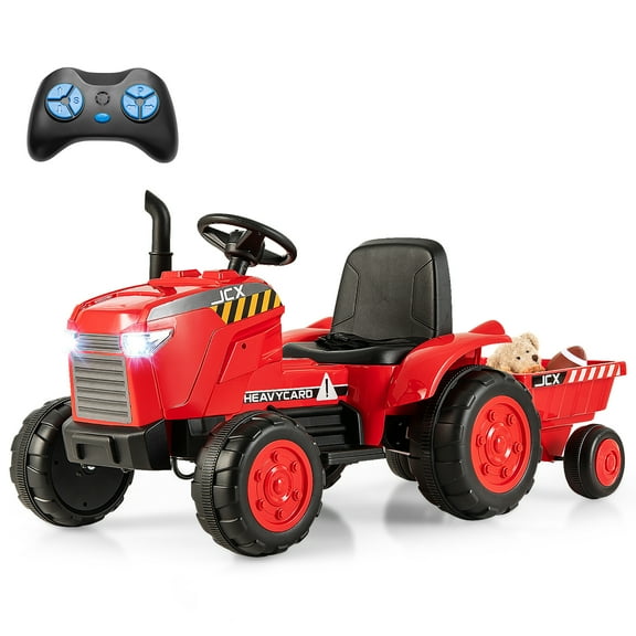 Gymax 2-in-1 Electric Toy Car 12V Kids Ride On Tractor w/ Trailer Remote Control Lights Red