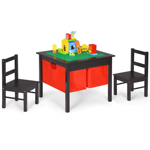 Gymax 2-in-1 Kids Activity Table & 2 Chairs Set w/Storage Building Block Table Espresso