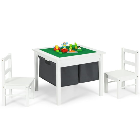 Gymax 2-in-1 Kids Activity Table & 2 Chairs Set w/Storage Building Block Table White