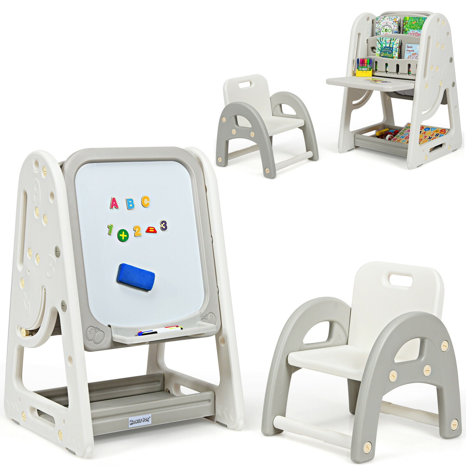 Gymax 2-in-1 Kids Wooden Art Table and Art Easel Set w/ Chairs Paper Roll  Storage Bins
