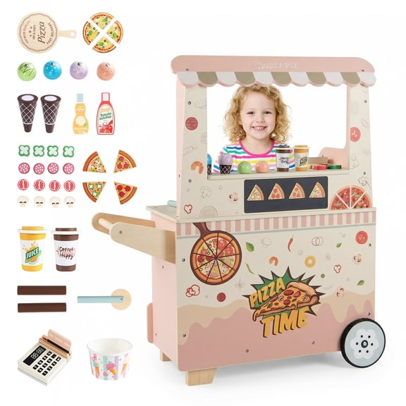 Gymax 2 in 1 Pretend Play Food Truck Kids Ice Cream & Pizza Cart w/ Canopy Oven
