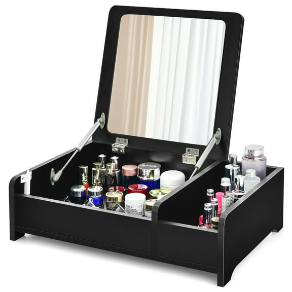 Gymax 2-in-1 Vanity Dresser w/ Flip-Top Mirror Tabletop Storage Box Makeup Laptop Black