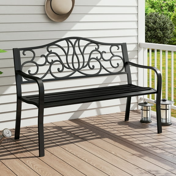 Gymax 2-person Metal Bench w/ Floral Pattern Slanted Backrest Slatted Surface Black