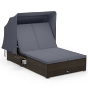 Gymax 2-person Rattan Lounge Bed w/ Retractable Canopy 5-position Adjustable Backrest Gray