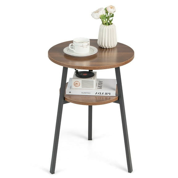 Gymax 2-tier Accent Coffee Tea Table Nightstand Bedside Table w/ Storage Shelf Walnut
