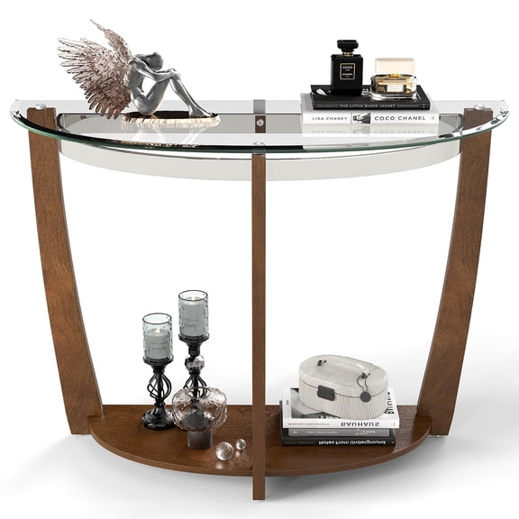 Gymax 2-tier Modern Half Moon Sofa Table w/Clear Glass Top & Open Shelffor Living Room Walnut