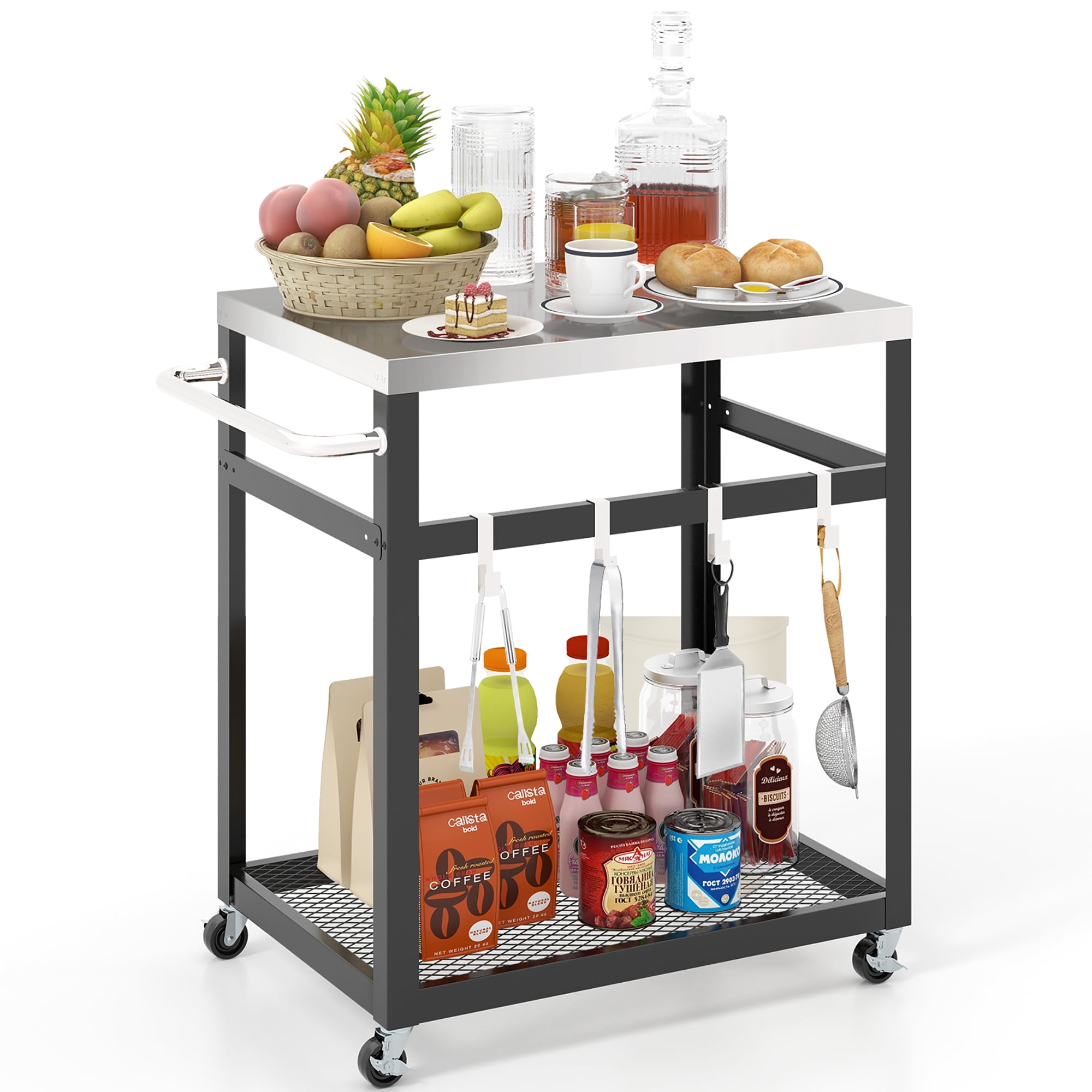 Gymax 2-tier Stainless Steel Grill Cart w/ Wheels & Handle 4 Hooks Food Prepare Table