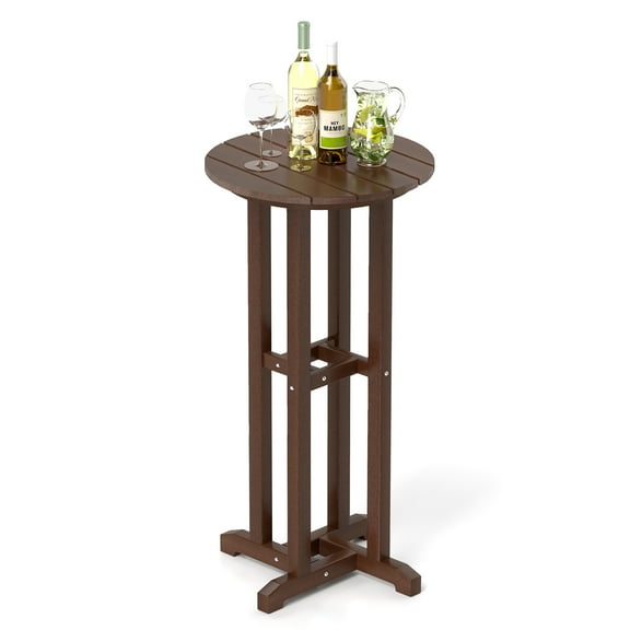 Gymax 21.5'' Round Bar Table Patio HDPE Bar Height Dining Table w/ Slatted Tabletop Brown