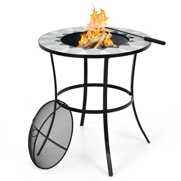 Gymax 23.5'' Round Fire Pit Table Wood Burning Heater W/ Mesh Cover & Fire Poker