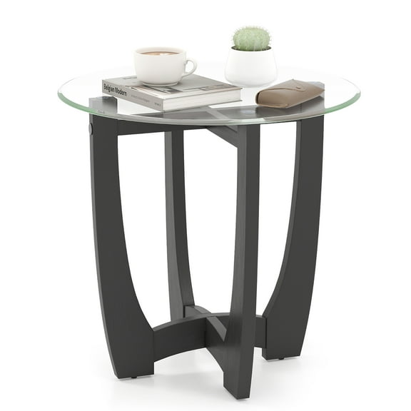 Gymax 23.5'' Round Side Table w/ Glass Tabletop Cross-shaped Solid Rubber Wood Frame