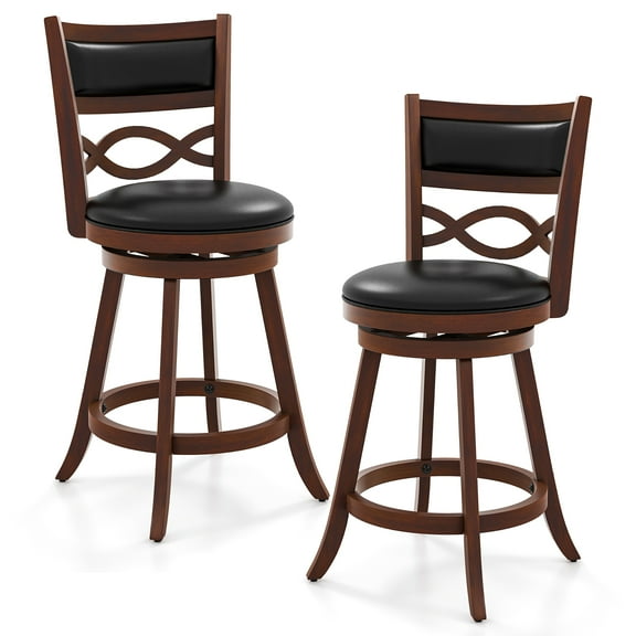 Gymax 24 Inch Bar Stools Set of 2 w/ Rubber Wood Frame Faux Leather Upholstered Seat