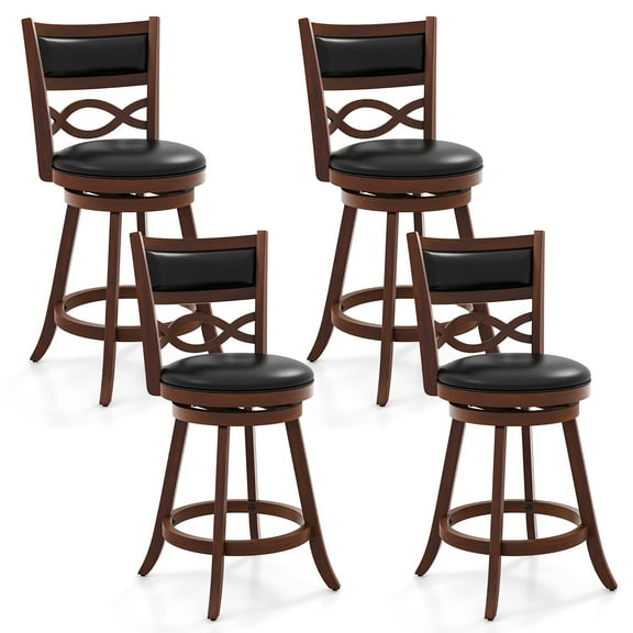 Gymax 24 Inch Bar Stools Set of 4 w/ Rubber Wood Frame Faux Leather Upholstered Seat