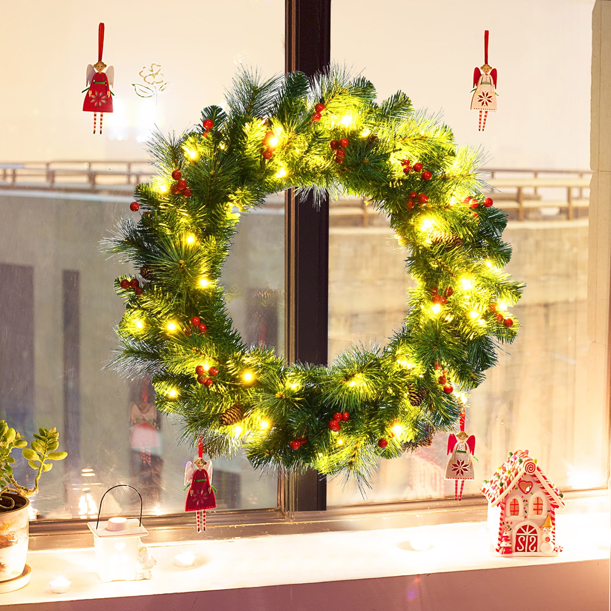 Gymax 24 Pre Lit Artificial Christmas Cordless Wreath Decor w