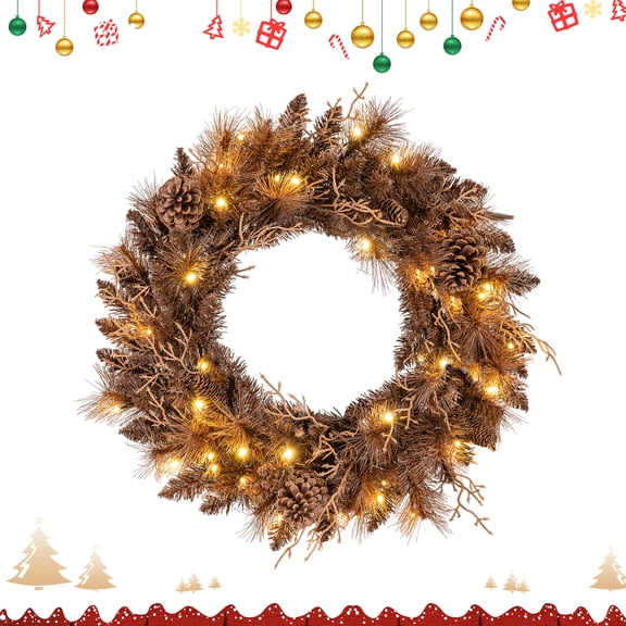 Gymax 24'' Pre-lit Christmas Wreath Front Door Artificial Xmas Wreath w/105 Branch Tips Brown