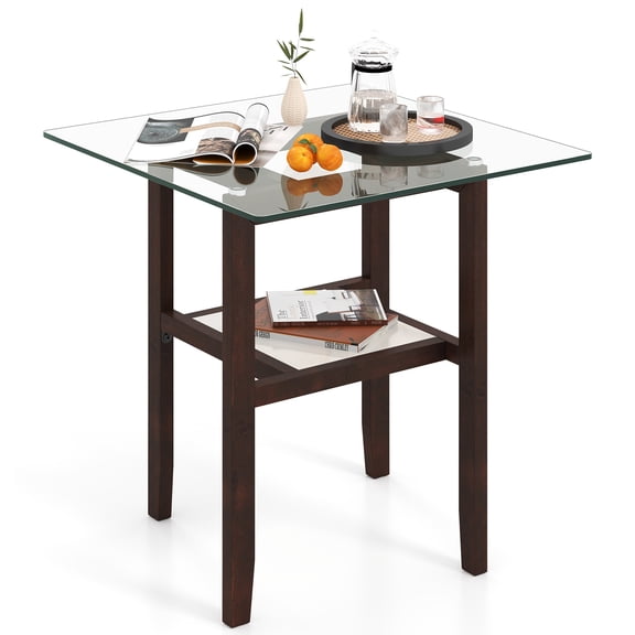 Gymax 24'' Square Glass Side Table w/Storage Shelf & Rubber Wood Frame for Living Room