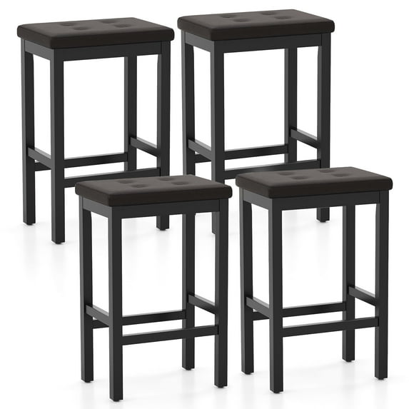 Gymax 24'' Upholstered Bar Stools Set of 4 Home Kitchen Stools w/ Solid Wood Support Legs Brown & Black