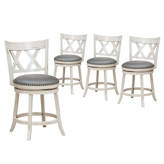 Gymax 25.5'' Swivel Bar Stools Set of 4 Solid Wood Stools w/ X-shaped Backrests Antique White & Gray
