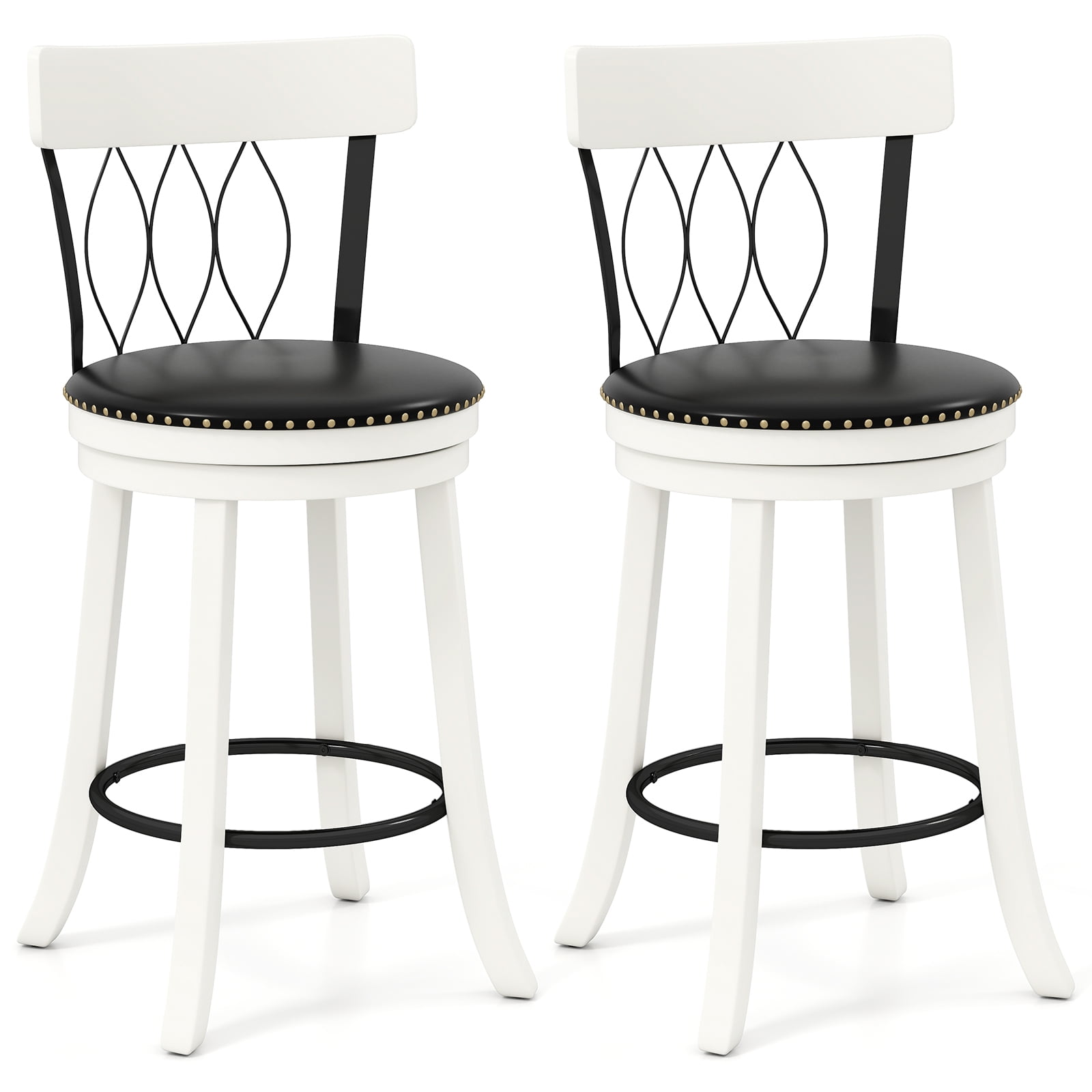 Gymax 26'' Set of 2 Bar Stools w/ Footrest Rubber Wood Frame & Tufted Rivets