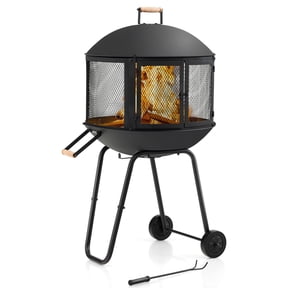 Gymax 28'' Patio Rolling Fire Pit Wood Burning Firepit w/ Wheels Mobile Fireplace