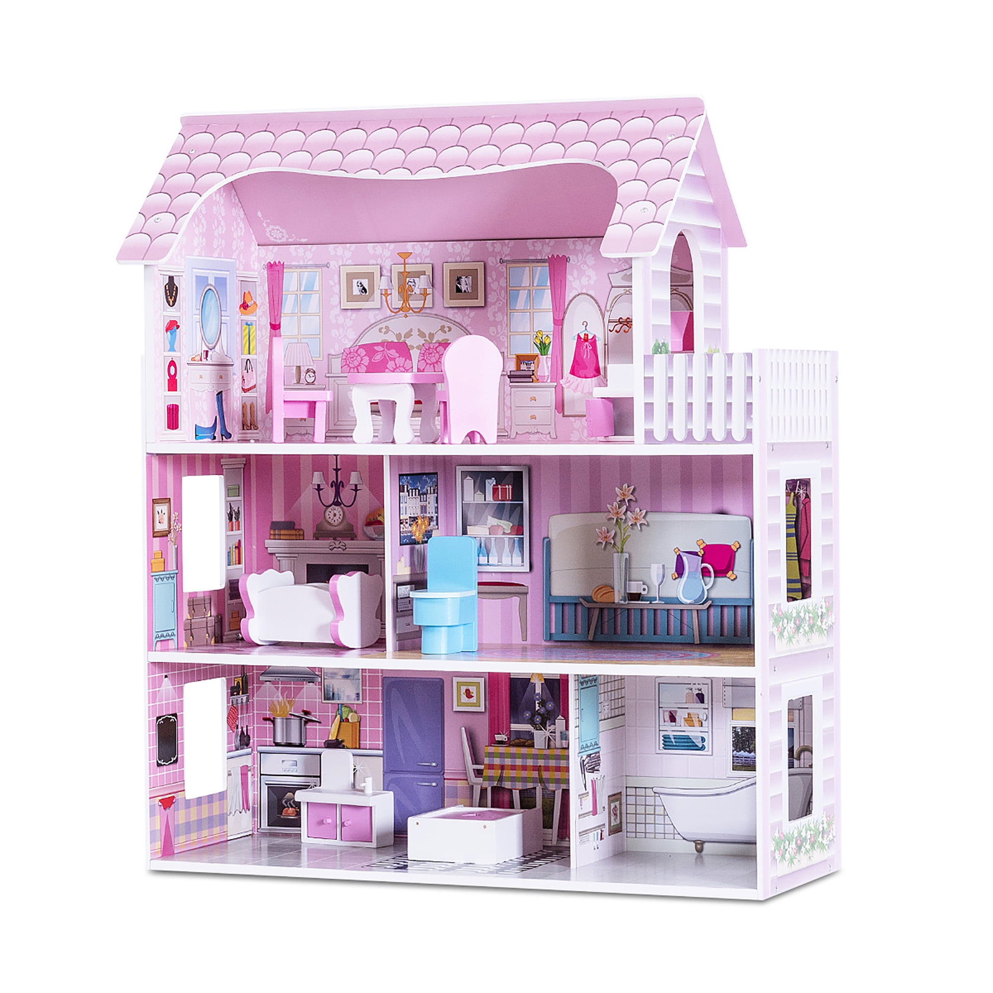Gymax 28'' Pink Play Dollhouse Set for Kids, 3 Levels, Rooms Gymax 28'' Pink Play Dollhouse Set for Kids, 3 Levels, Rooms