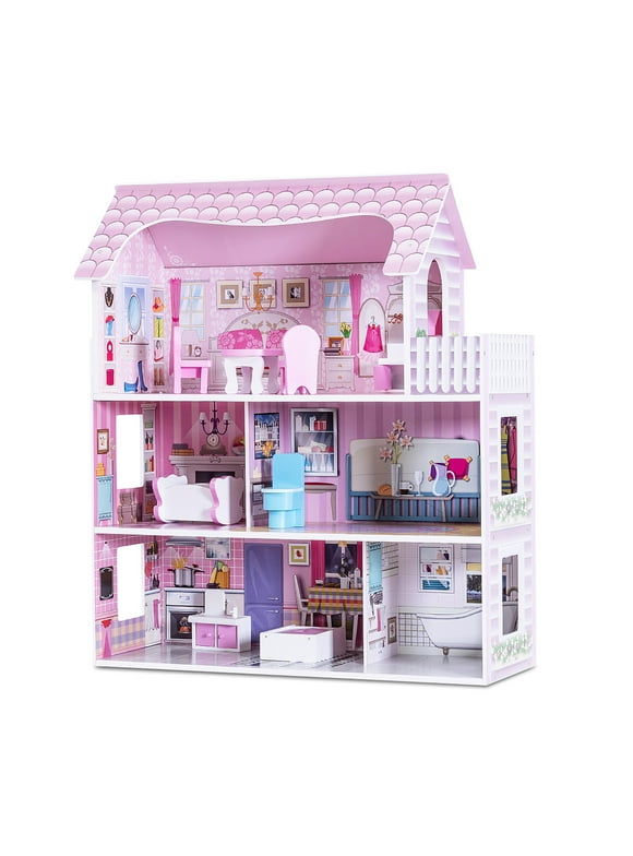 Gymax 28'' Pink Dollhouse w/ Furniture Gliding Elevator Rooms 3 Levels Young Girls Toy