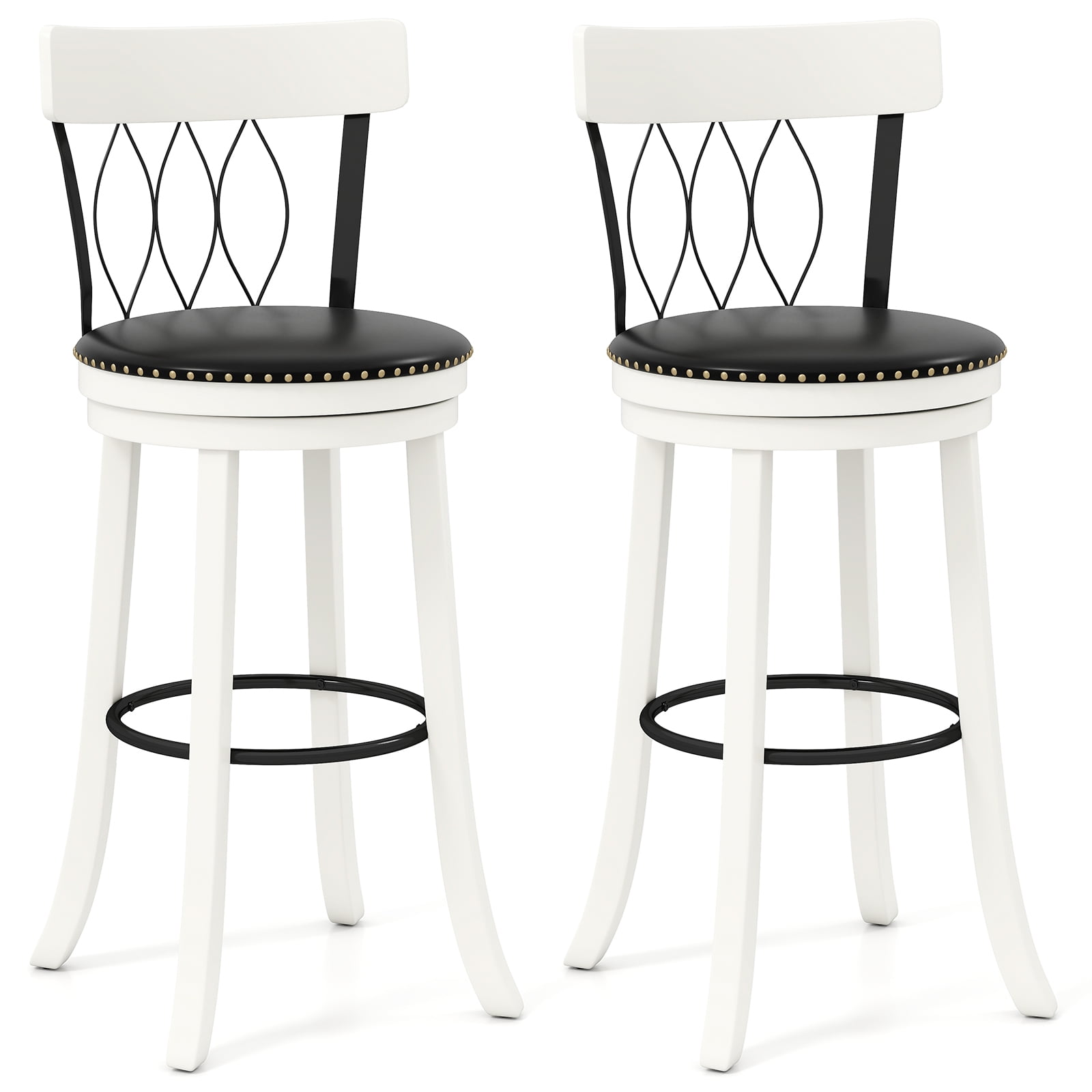 Gymax 29'' Set of 2 Bar Stools w/ Footrest Rubber Wood Frame & Tufted ...