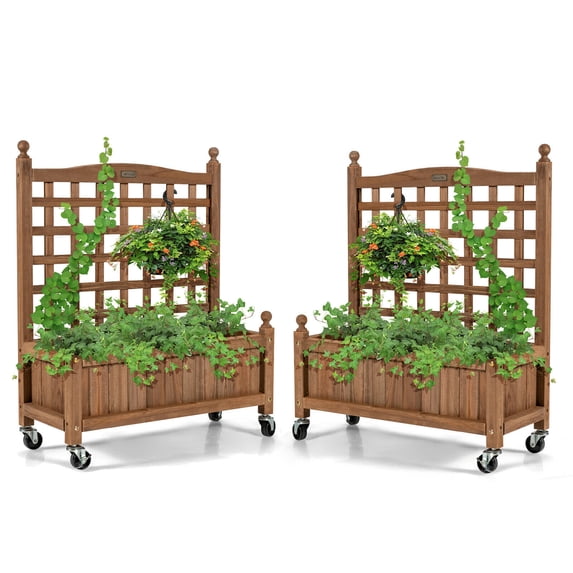 Gymax 2PC 32in Wood Planter Box w/Trellis Mobile Raised Bed for Climbing Plant