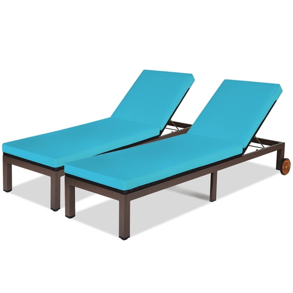 Gymax 2PC Adjustable Patio Rattan Recliner Chaise Lounge Chair w/ Cushion Wheels