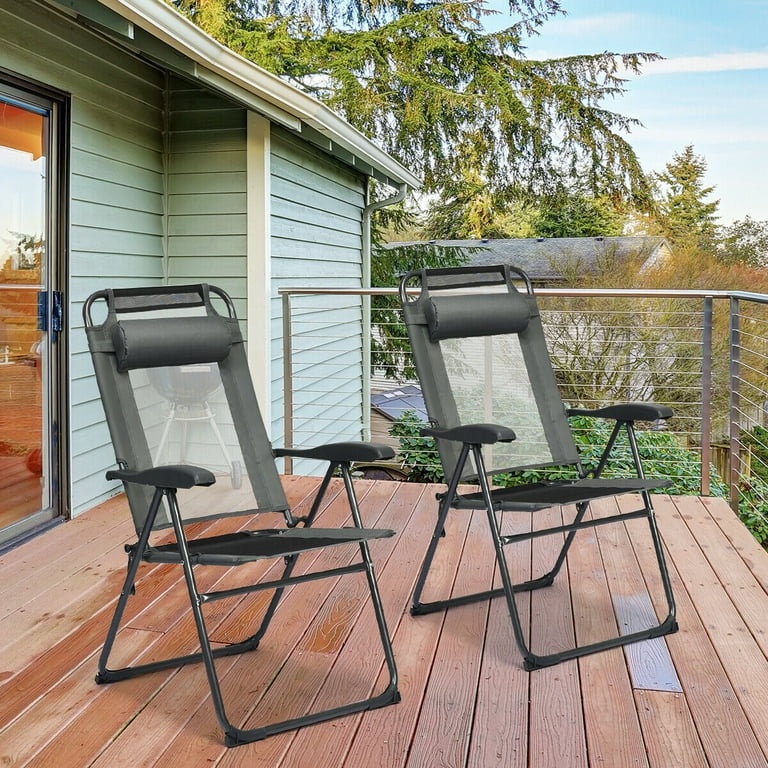 Gymax 2PC Folding Chairs Adjustable Reclining Chairs with Headrest Patio Garden Grey