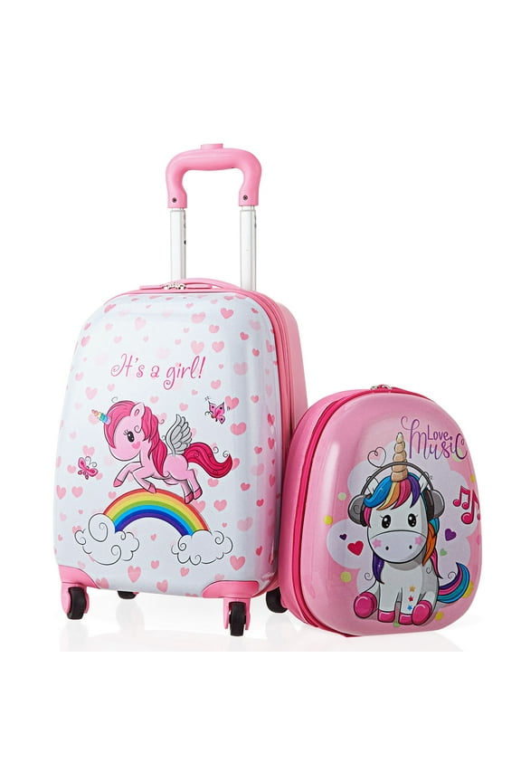 2PC Kids Luggage Set 12'' Backpack & 16'' Rolling Suitcase for School Travel ABS