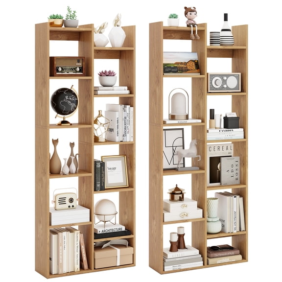 Gymax 2PCS 11-Tier Bookcase w/ Anti-Tipping Kits Wood Display Shelf Tree-Shaped Natural