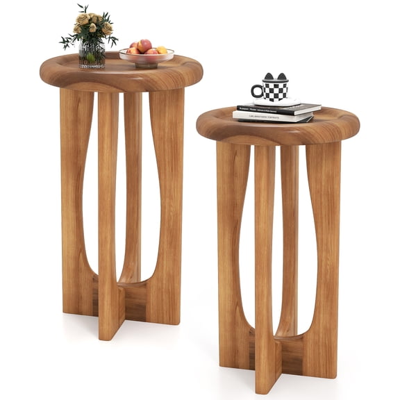 Gymax 2PCS 14'' Round Mahogany Accent Table Farmhouse End Table w/ Round Tray Top