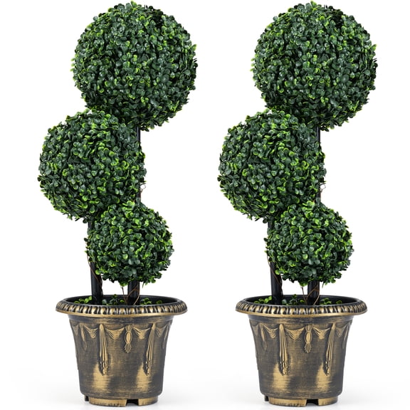Gymax 2PCS 2.5 FT Artificial Boxwood Topiary Tree Sun-Protective Triple Ball Shrubs