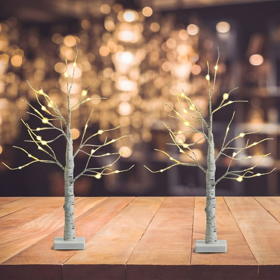 Gymax 2PCS 2 FT Pre-lit White Birch Tree Christmas Decoratio Artificial Twig Birch Tree